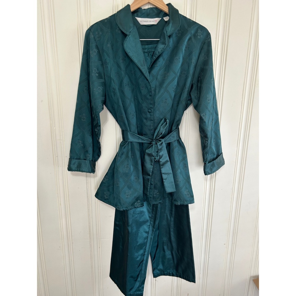Vintage Victoria's Secret Emerald Green 90's Regency Satin Jacquard Pajama Set M